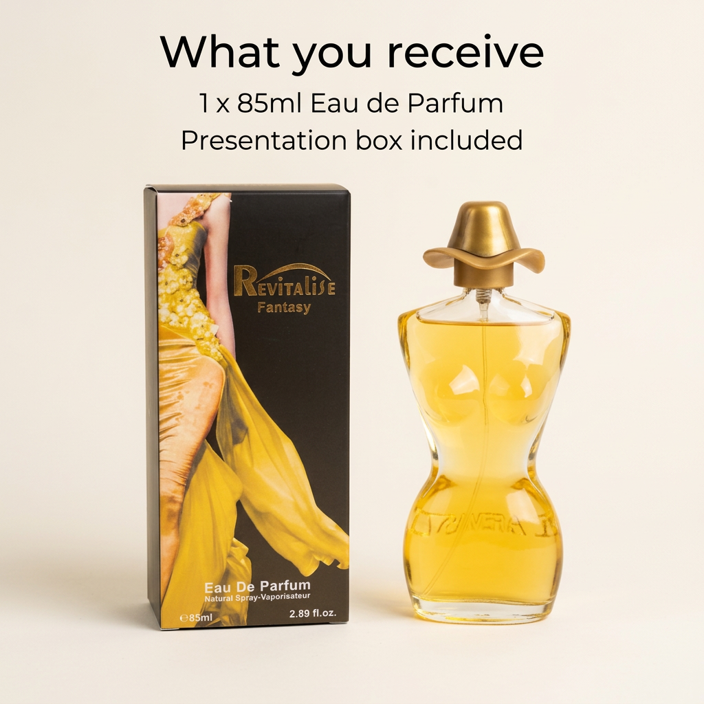 Revitalise Fantasy contents image showing one 85ml Eau de Parfum bottle and presentation box.