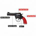 8-Shot Toy Cap Gun Play Set feature infographic with key product callouts