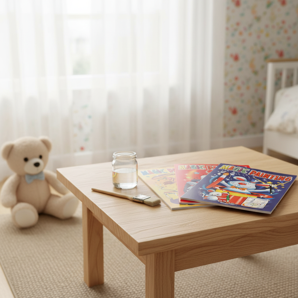 Magic Painting Books arranged on a child's bedroom floor in a bright airy family home with natural window light
