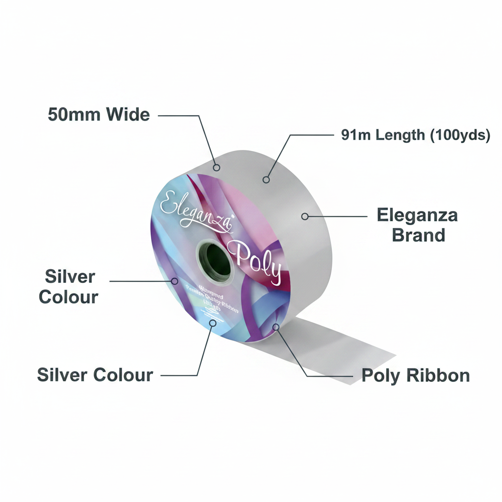 Eleganza Silver Poly Ribbon 50mm x 91m infographic showing key features: width, length, colour, and brand