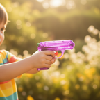 Child's hand gripping and aiming a transparent neon purple water pistol with creamy bokeh garden background