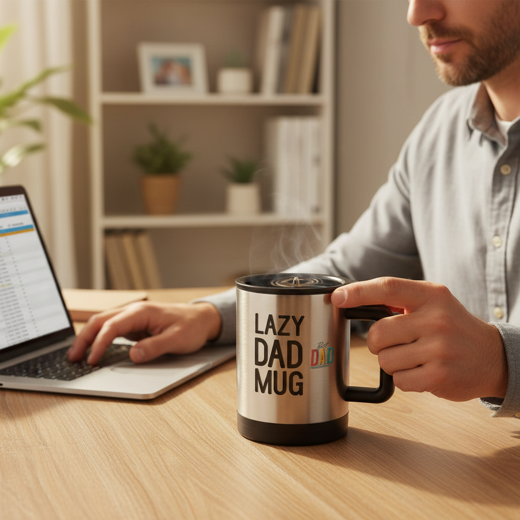 Dad pressing button on self stirring mug at home office desk while working on laptop