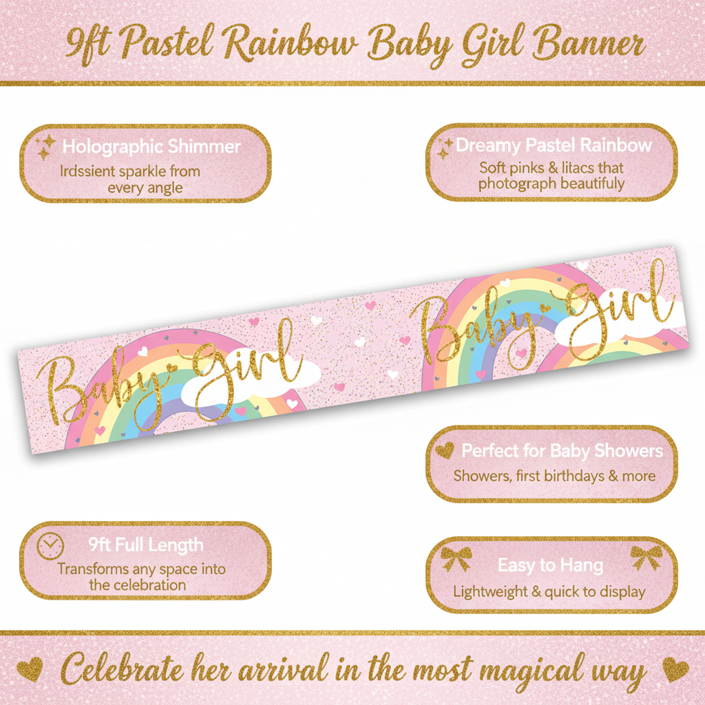 9ft Pastel Rainbow Baby Girl Holographic Banner – blush pink glitter banner with gold script Baby Girl text, pastel rainbow arcs, white clouds and heart confetti, 9ft length, perfect baby shower nursery and first birthday party decoration