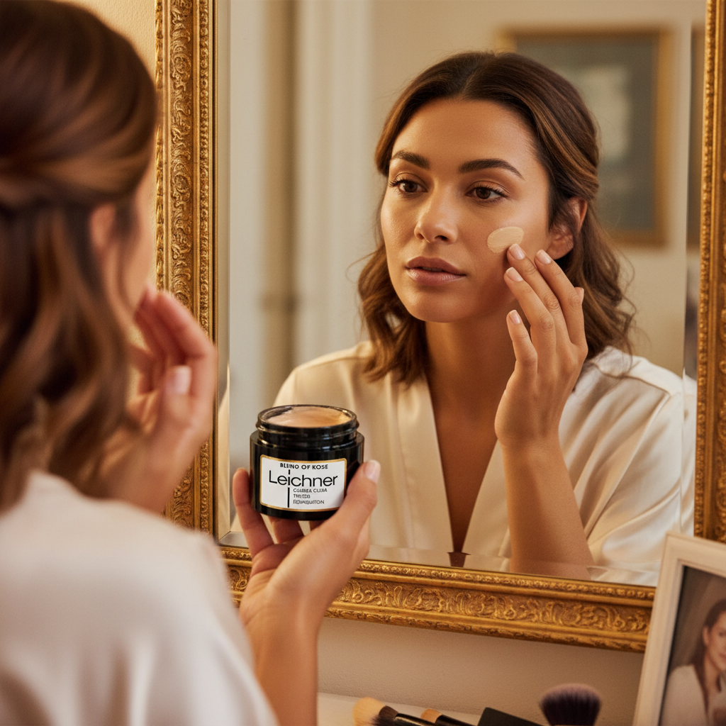 Woman applying Leichner Camera Clear Tinted Foundation Blend of Rose in a candid beauty moment