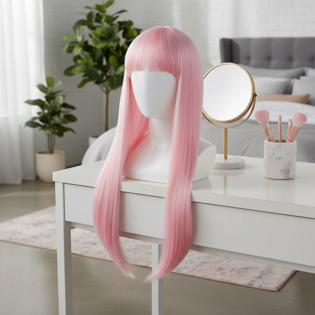Long pink fringe wig displayed on dressing table in bright stylish bedroom