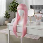 Long pink fringe wig displayed on dressing table in bright stylish bedroom