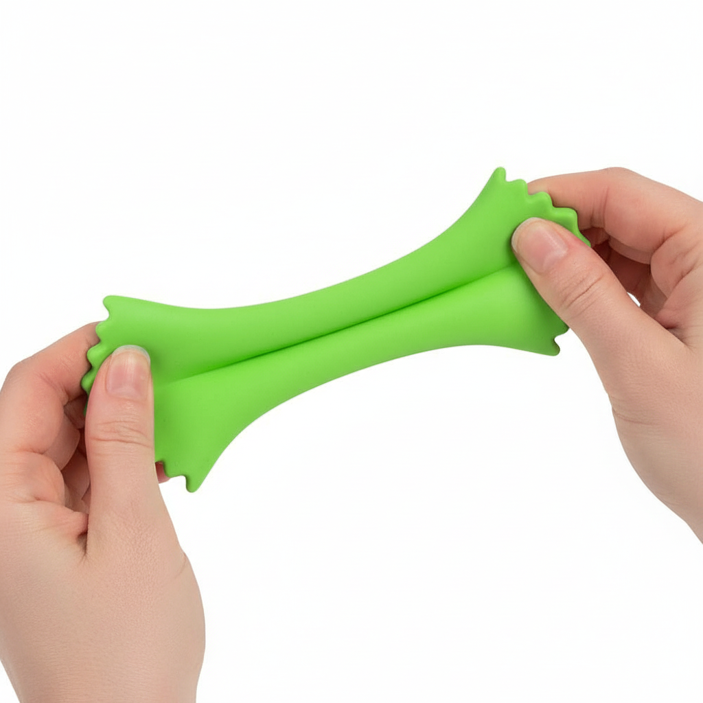 Close-up of two hands pulling a neon green farfalle Scrunchems Stretchy Squeezy Pasta Shape wide apart showing elasticity