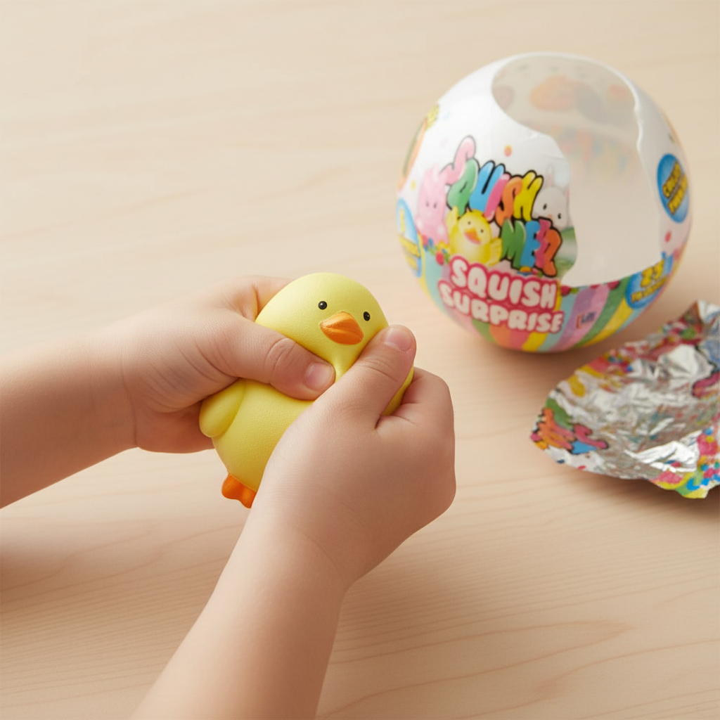 Child squeezing a pastel yellow squishy chick character from the HTI Squish Surprise Ball, warm natural light