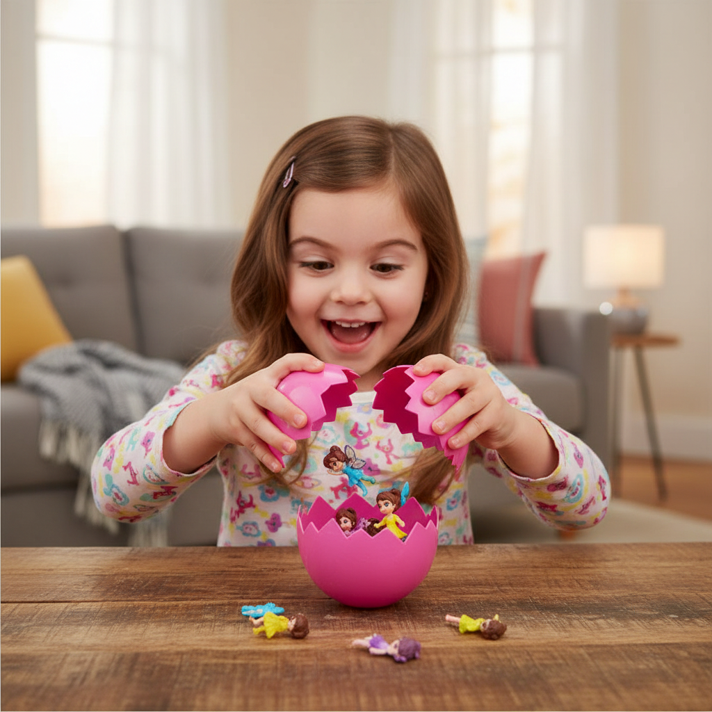 Excited young girl cracking open a Magical Kingdom Enchanted Egg toy discovering collectible figures inside at home
