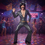 Wicked Costumes Men's 70s Black Wig & Moustache Set - Retro Fancy Dress - Why Not Shop