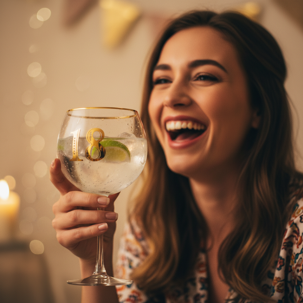 Young woman laughing and holding Art Deco 18th Birthday Gin Glass filled with gin and tonic, candid lifestyle shot