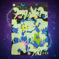 Glow in the dark stick on unicorn figures glowing luminous green on a dreamy purple midnight blue starry background