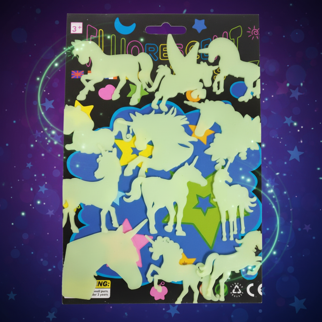 Glow in the dark stick on unicorn figures glowing luminous green on a dreamy purple midnight blue starry background