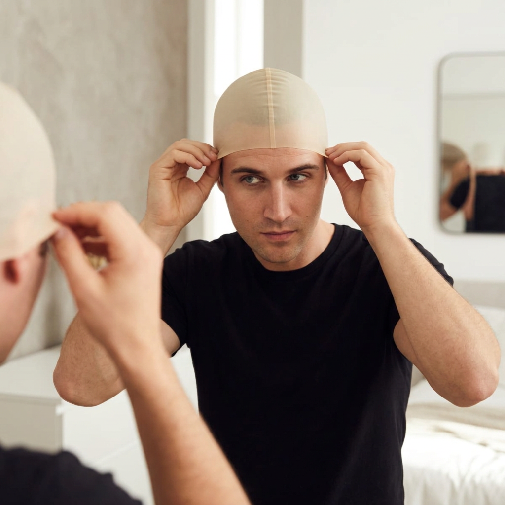 Adult using both hands to adjust a skin-toned latex bald cap while looking in a mirror