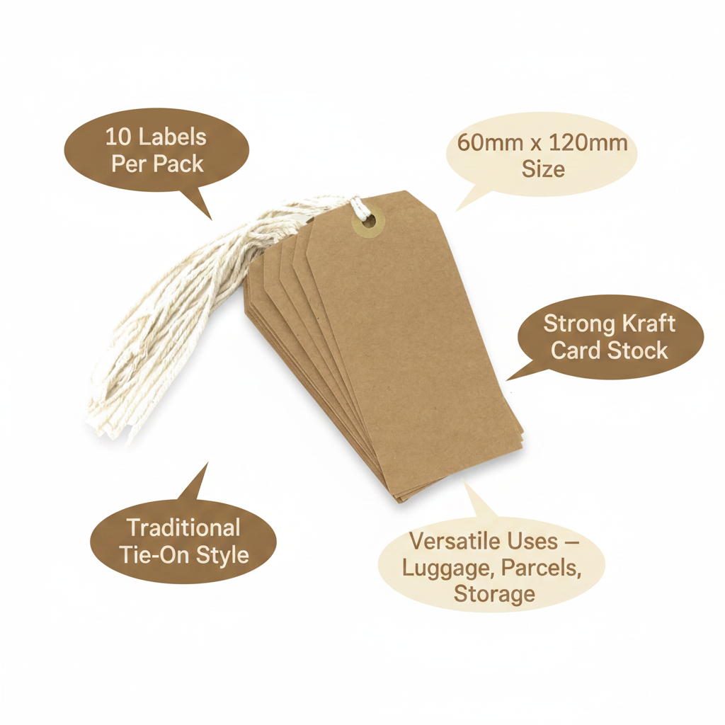 Kraft brown luggage labels infographic showing key features: 10 labels per pack, 60x120mm size, tie-on style, versatile uses, strong card stock