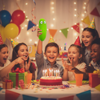 Children at a birthday party laughing and playing with the Stretchy Squishy Crazy Cucumber novelty toy