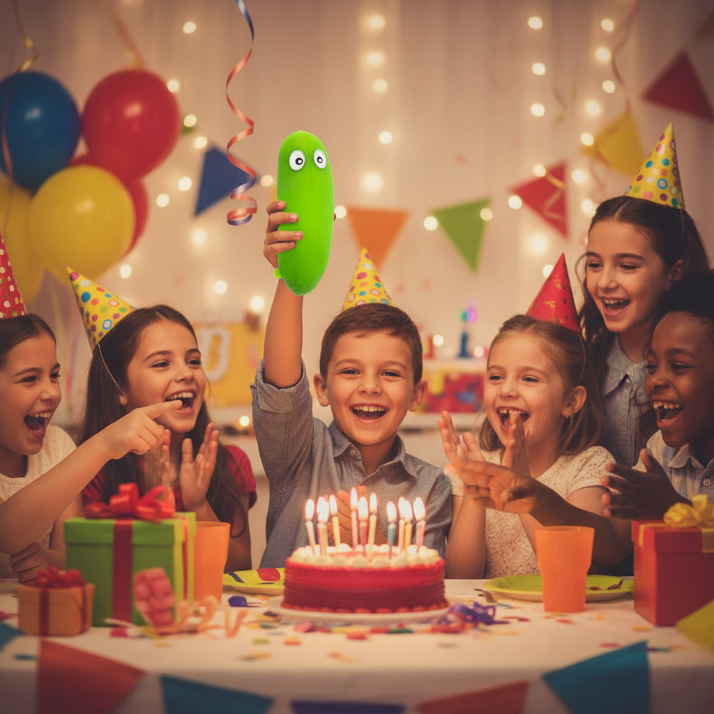 Children at a birthday party laughing and playing with the Stretchy Squishy Crazy Cucumber novelty toy