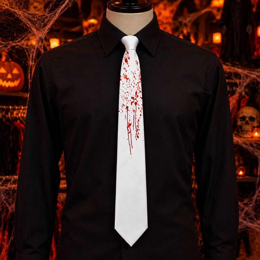 Blood stained white tie on a black shirt on a mannequin in a Halloween shop display