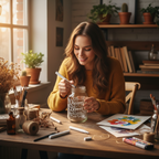 Creative woman decorating glass jars with white liquid chalk marker pens at a home craft desk