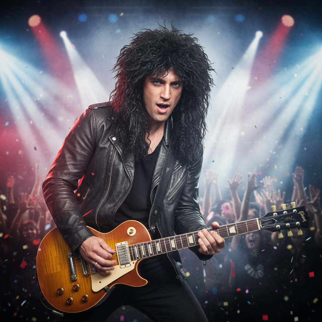 Man wearing black rockstar wig performing on stage at a rock concert with guitar and dramatic lighting