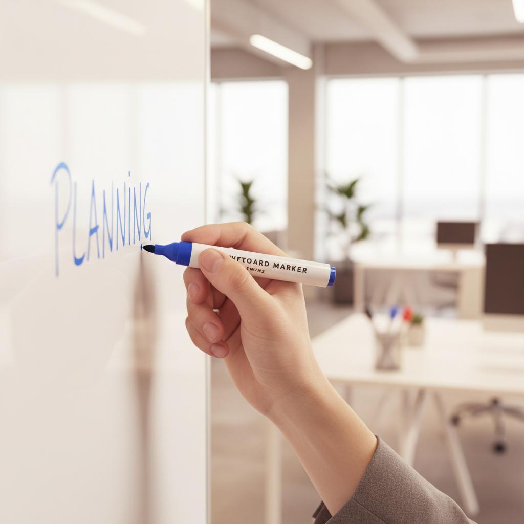 Person's hand writing on whiteboard with Swift whiteboard marker, candid productive moment with creamy bokeh background