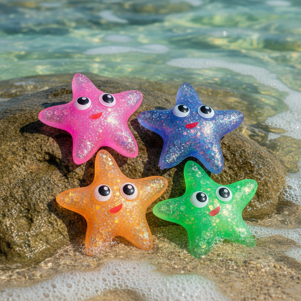 Squeeze starfish sugar sparkle toy 10cm on ocean rock pool background