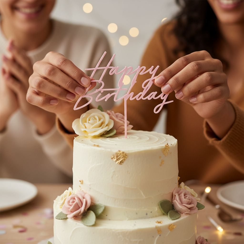 Person's hands placing a light pink acrylic Happy Birthday cake topper onto the top of a birthday cake in a warm celebratory setting