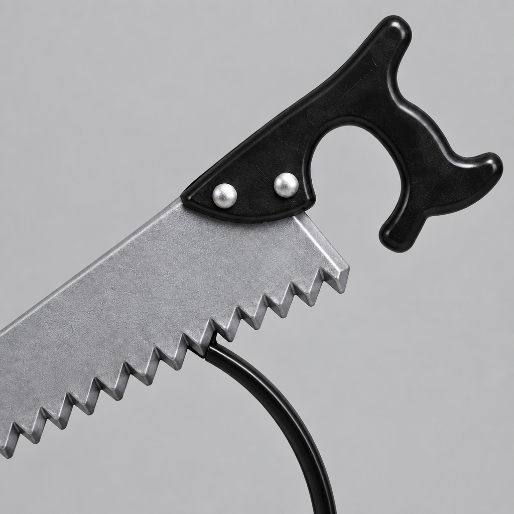 Close-up of the black saw handle with two silver rivets and toothed grey blade