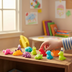 Full rainbow collection of colourful squishy dinosaur toys displayed on a child's shelf — pink, purple, green, orange, blue and more