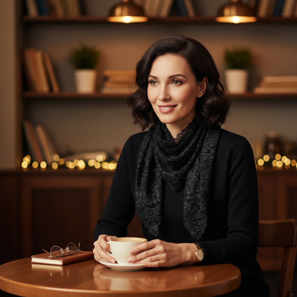 Chic woman wearing black lace triangle scarf tied around neck at cosy café with warm interior lighting