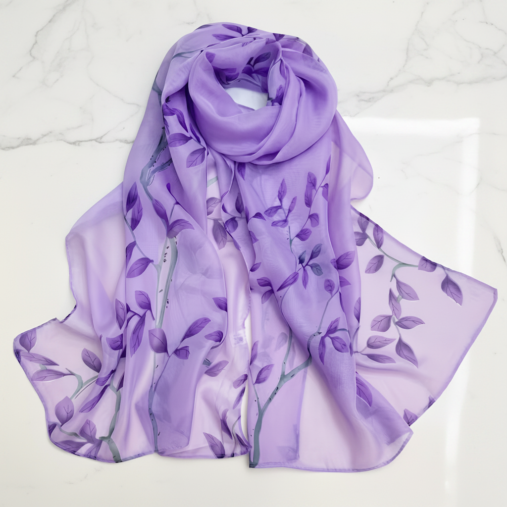 Womens purple chiffon scarf with dark purple botanical leaf print, elegantly draped on white marble surface - studio product shot