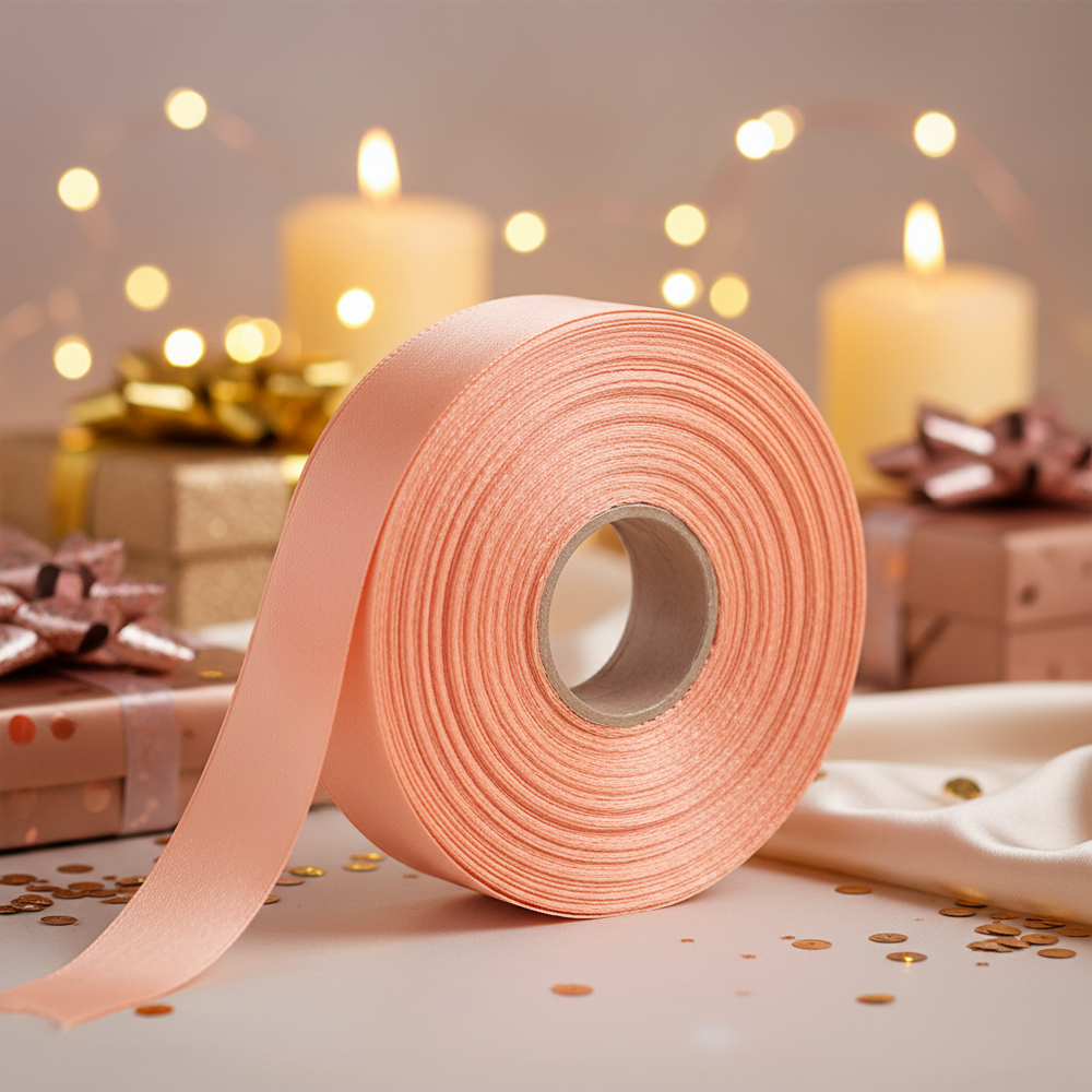 Peach poly ribbon roll on elegant background - premium gift wrapping ribbon