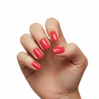 Manicured hand with Barry M Gelly Hi Shine coral red Passion Fruit nails - lifestyle shot