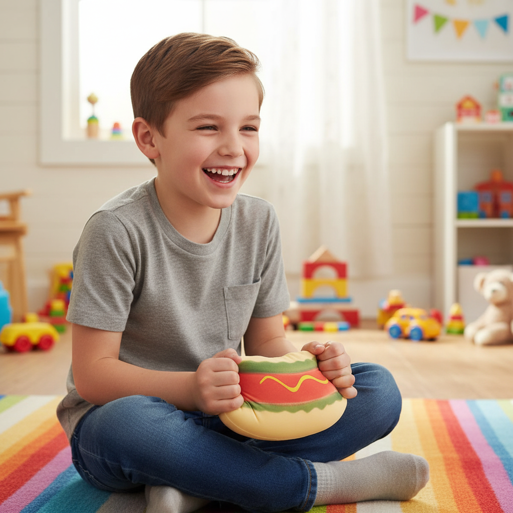 Happy boy squeezing a Squishy Hotdog toy on his bedroom floor — fun kids fidget toy