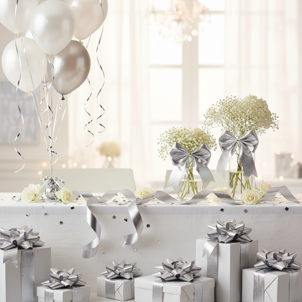 Metallic silver ribbon decorating elegant party celebration
