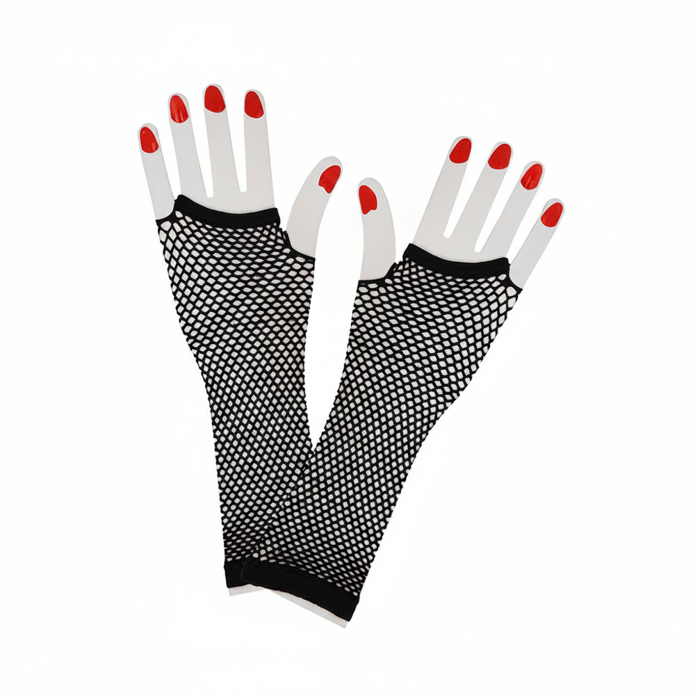 1980s long black fingerless fishnet net gloves on white background, elbow length, open diamond mesh weave, Amazon and eBay hero shot