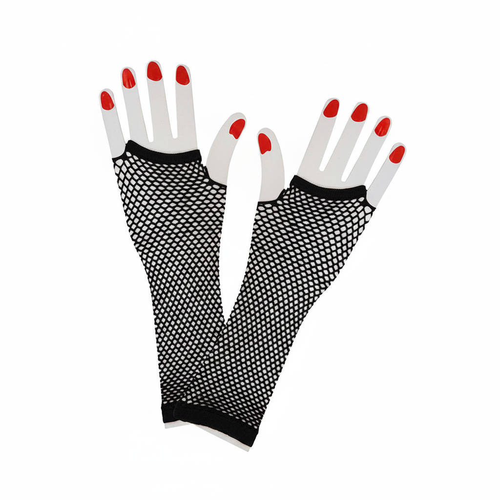 1980s long black fingerless fishnet net gloves on white background, elbow length, open diamond mesh weave, Amazon and eBay hero shot