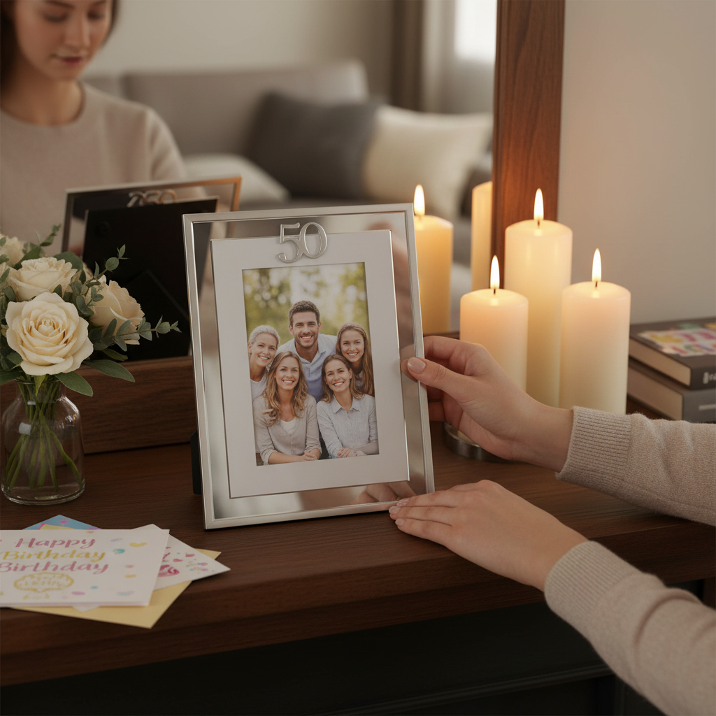 Silver Age 50 milestone photo frame displayed on a stylish mantelpiece with candles and flowers