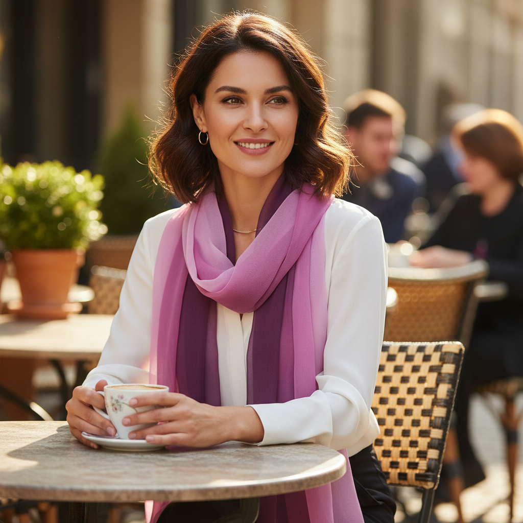 Elegant woman wearing gradient purple chiffon neck scarf at outdoor café enjoying coffee