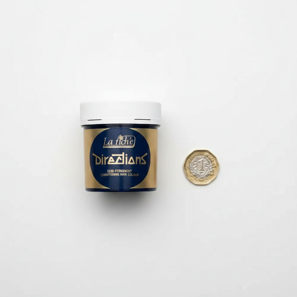 La Riche Directions Midnight Blue Hair Dye 88ml tub beside a £1 coin showing product scale on white background
