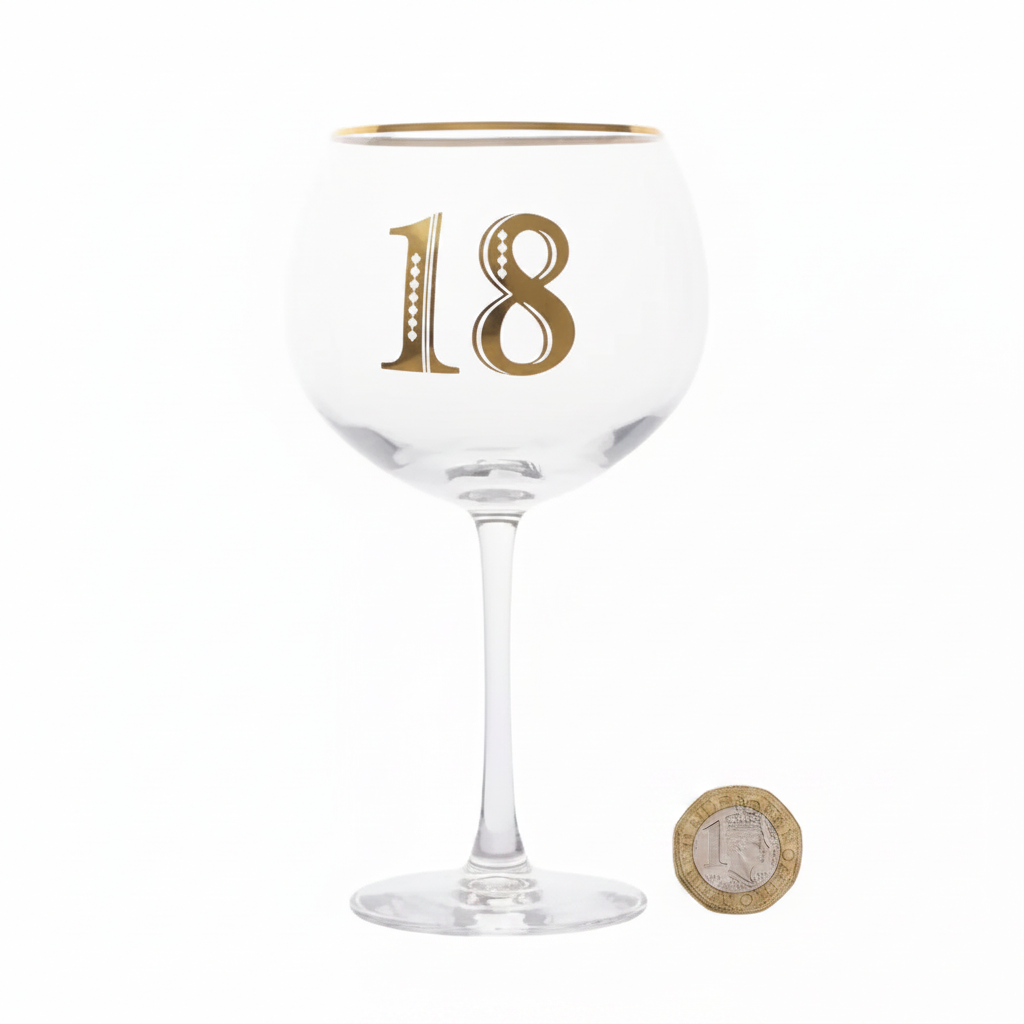 Art Deco 18th Birthday Gin Glass flat lay beside a £1 coin on white background showing product size and scale