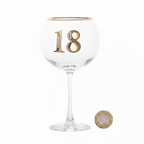 Art Deco 18th Birthday Gin Glass flat lay beside a £1 coin on white background showing product size and scale