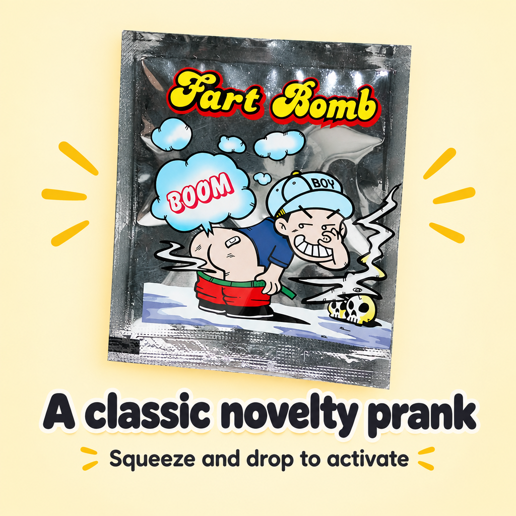 Fart Bomb sachet on pale yellow background with classic novelty prank and activation captions.
