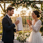 Bride and groom at wedding reception with elegant Wedding Day bottle gift bag containing champagne