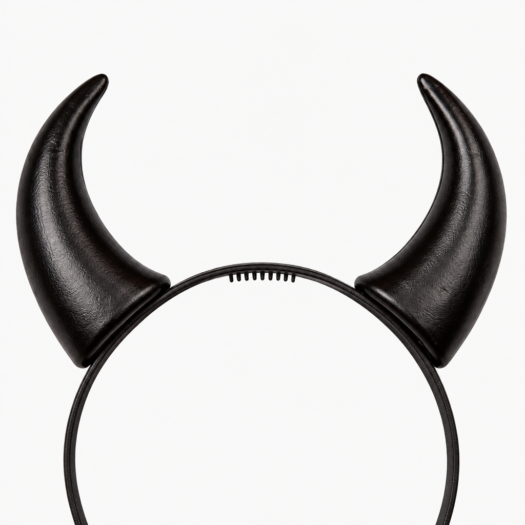 Close-up of the curved black horns and top of the headband