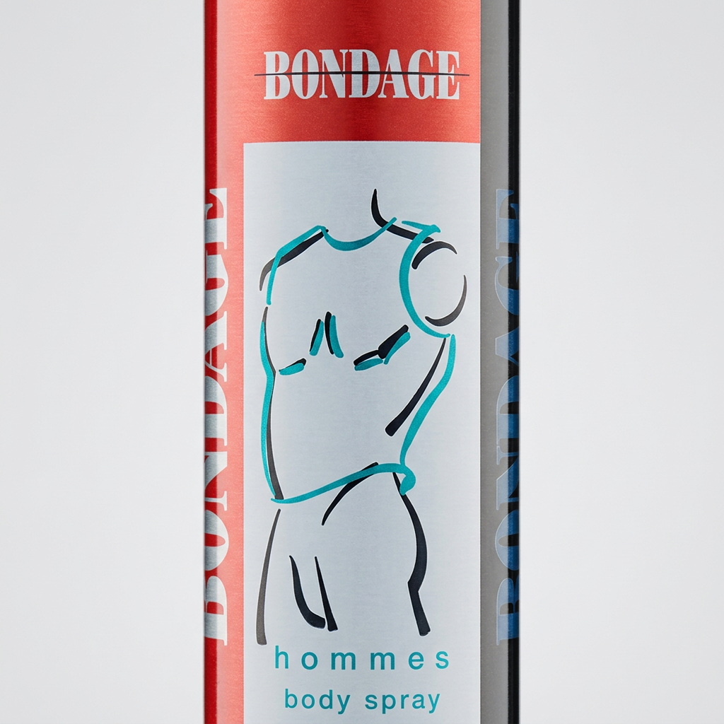 Close-up of the Bondage hommes body spray label with turquoise and black torso artwork.