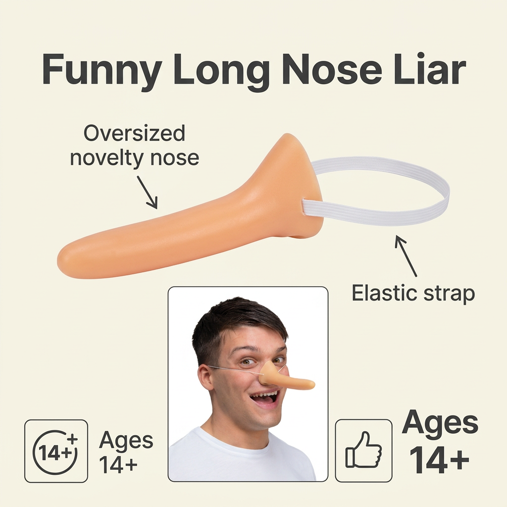 Funny Long Nose Liar features infographic showing the novelty nose, elastic strap and ages 14+