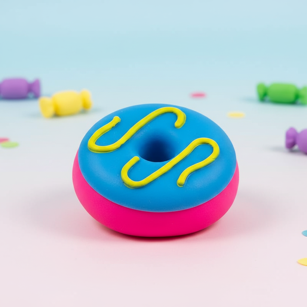 Scrunchems Donut Squishy product shot on pastel background with candy confetti