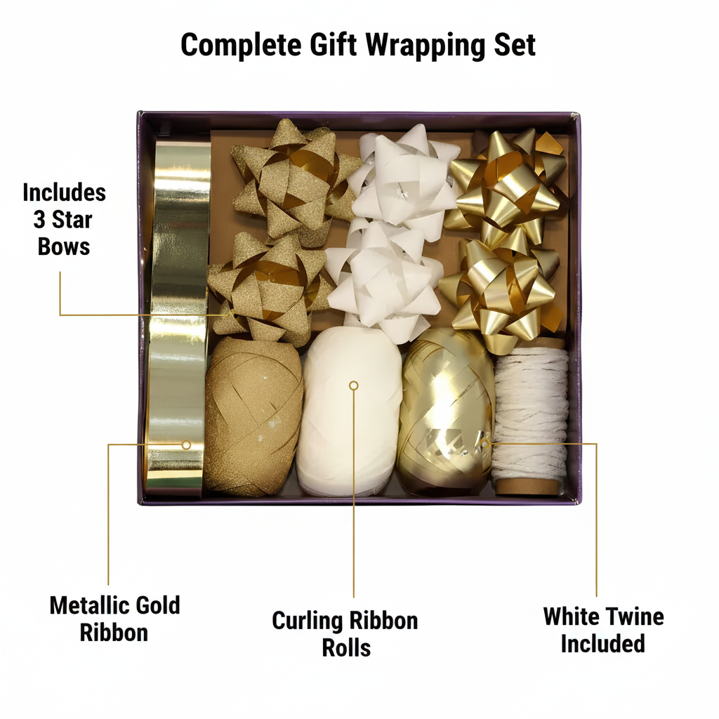 Gold bow and ribbon gift wrapping set feature callout infographic showing included items