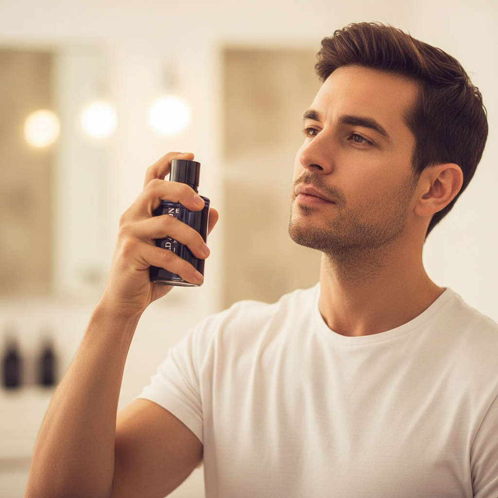 Man applying Real Time Wild Action Elixir EDT spray to neck, navy-black fragrance bottle visible, warm bokeh lifestyle photography